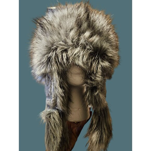 Bajka/Ushanka Gray Black Faux Fur Knit Hat with Pom Pom & Ear Flaps - Picture 8 of 10